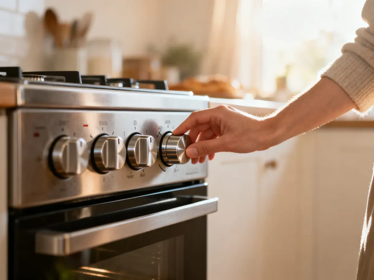 Dłoń ustawiająca pokrętło piekarnika Mastercook na wybranym trybie pieczenia w nowoczesnej kuchni.