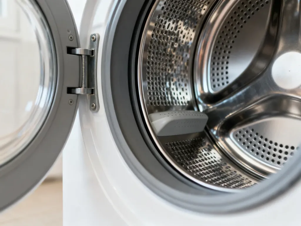 Wnętrze bębna nowoczesnej pralki z widocznymi metalicznymi detalami i czystymi elementami mechanicznymi.