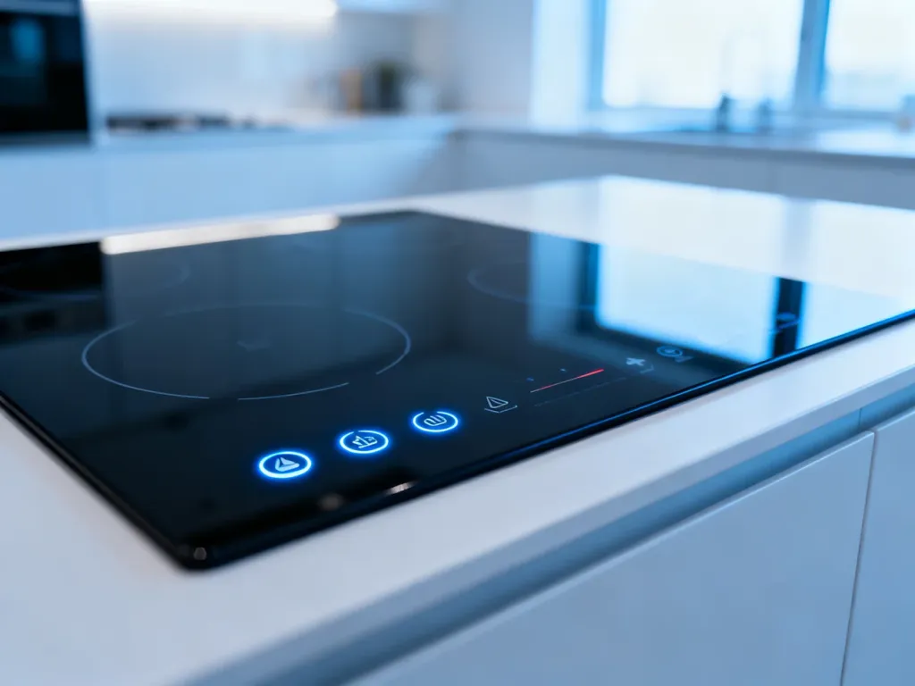 Zbliżenie na podświetlony panel sterowania nowoczesnej płyty indukcyjnej Beko w minimalistycznej kuchni.