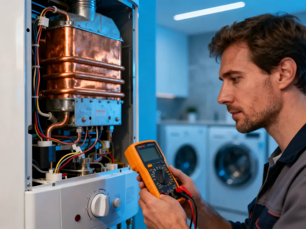 Serwisant sprawdza multimetrem elementy grzejne otwartego bojlera elektrycznego w celu zdiagnozowania usterki.