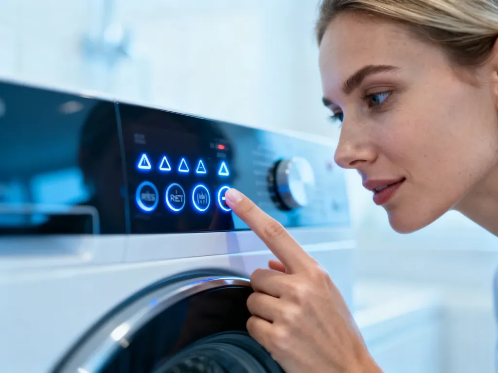 Kobieta naciska przycisk resetowania na panelu sterowania nowoczesnej pralki Whirlpool.