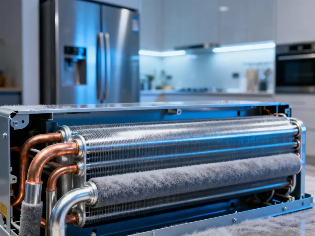 Metalowe wężownice skraplacza widoczne po zdjęciu tylnej obudowy nowoczesnej lodówki.