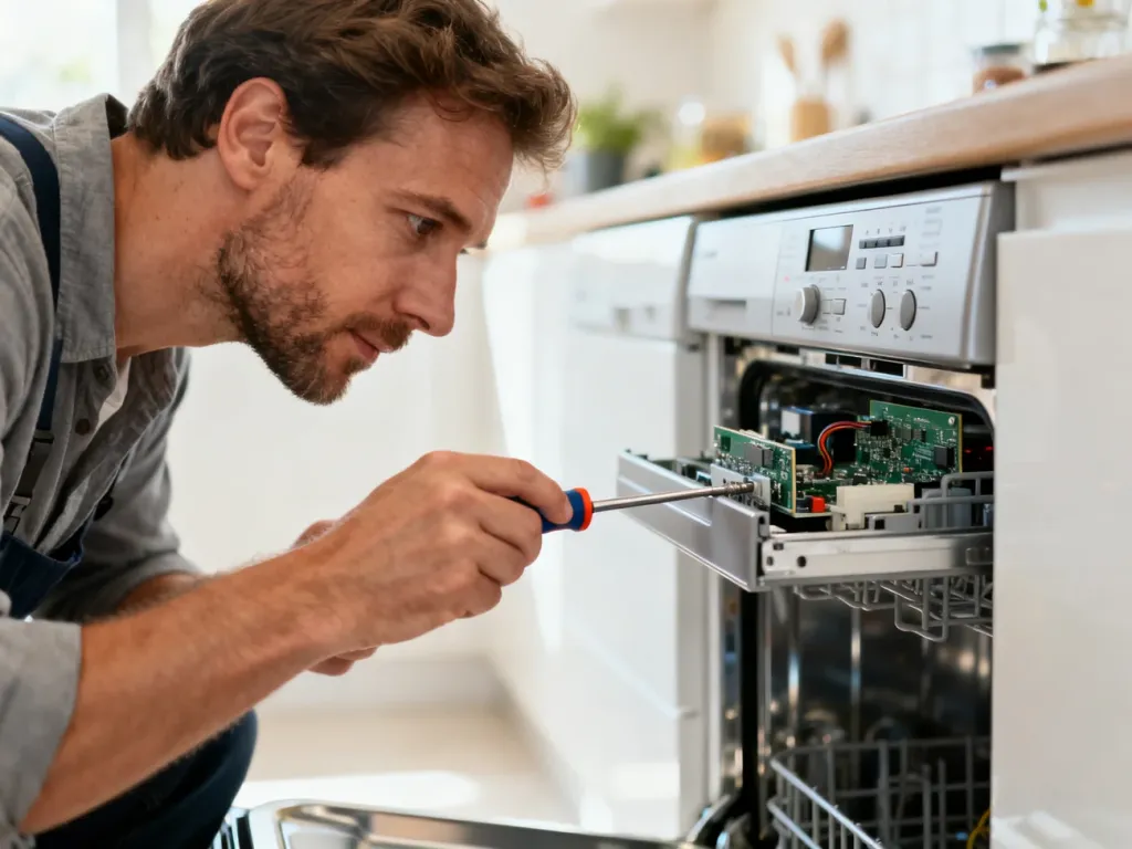 Mężczyzna naprawia śrubokrętem panel sterowania zmywarki, sprawdzając elektronikę urządzenia w jasnej kuchni.