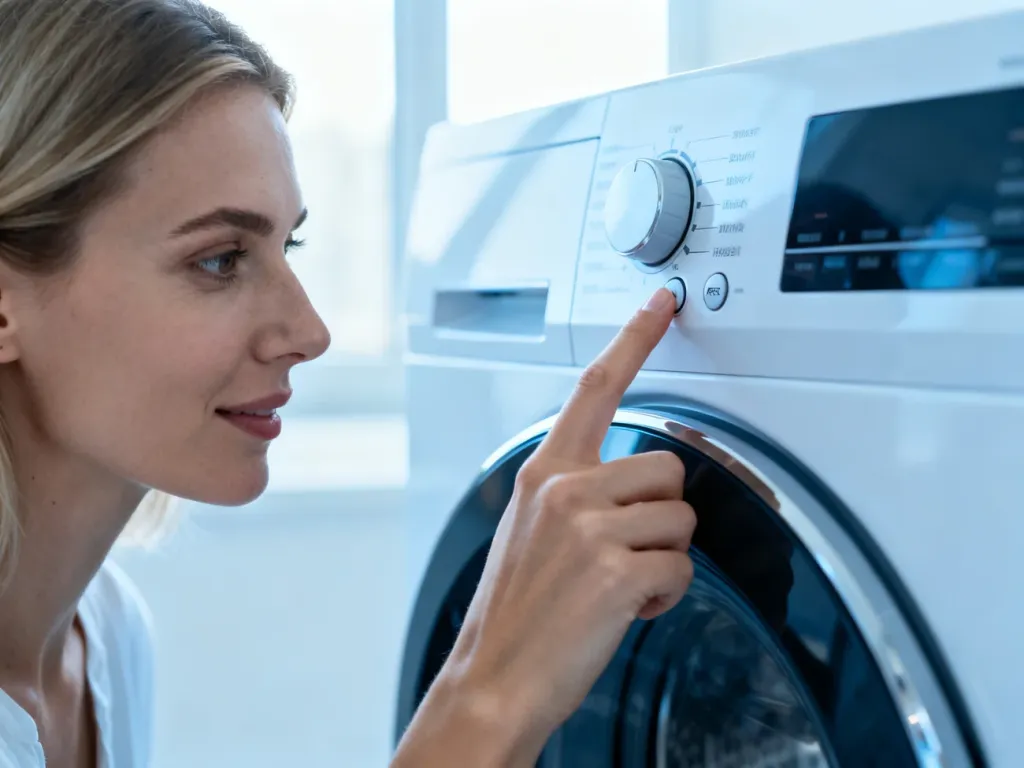 Kobieta naciska przycisk resetowania na nowoczesnym panelu sterowania pralki Electrolux w jasnej pralni.