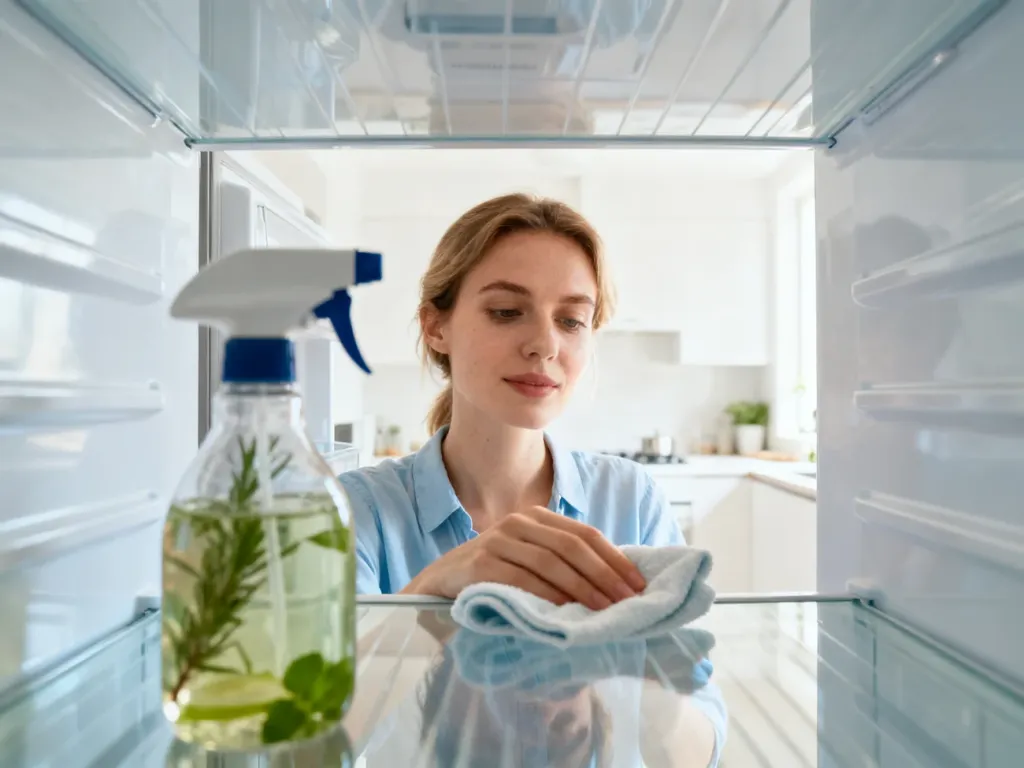 Kobieta czyści wnętrze pustej lodówki miękką ściereczką przy użyciu naturalnego preparatu w nowoczesnej kuchni.