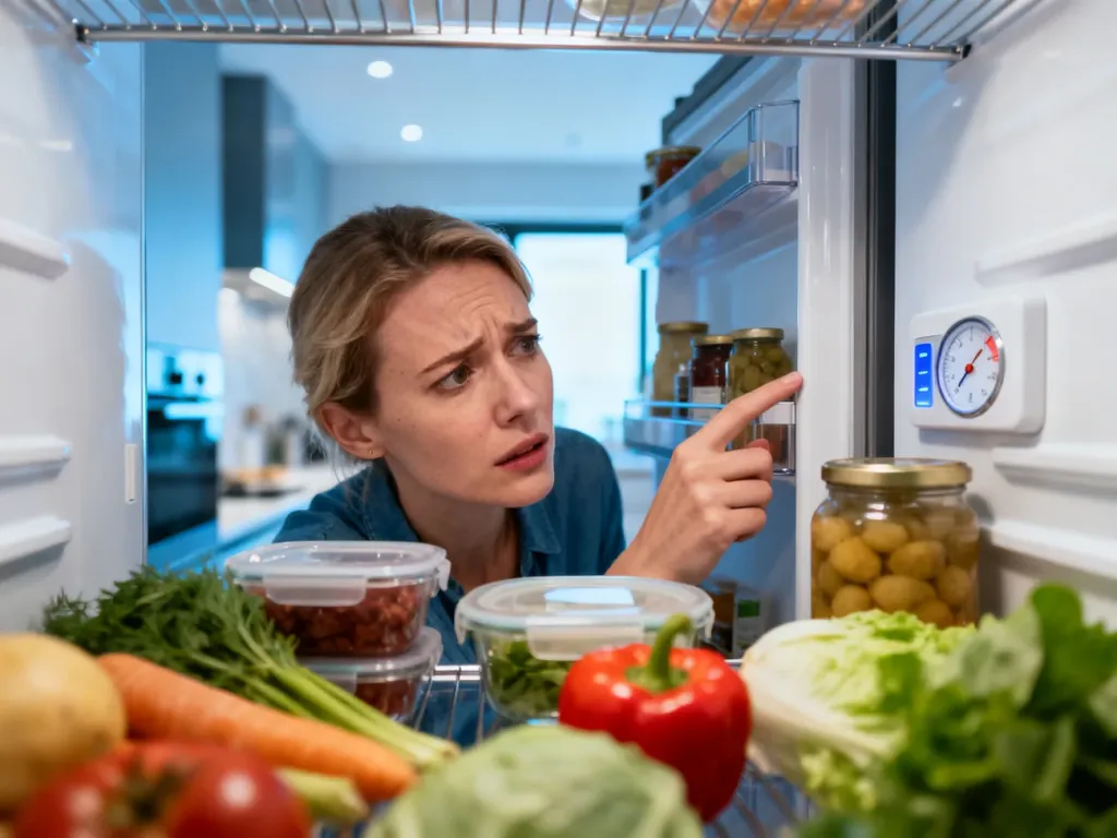 Zaniepokojona kobieta sprawdza temperaturę w nowoczesnej lodówce wypełnionej świeżymi produktami spożywczymi.
