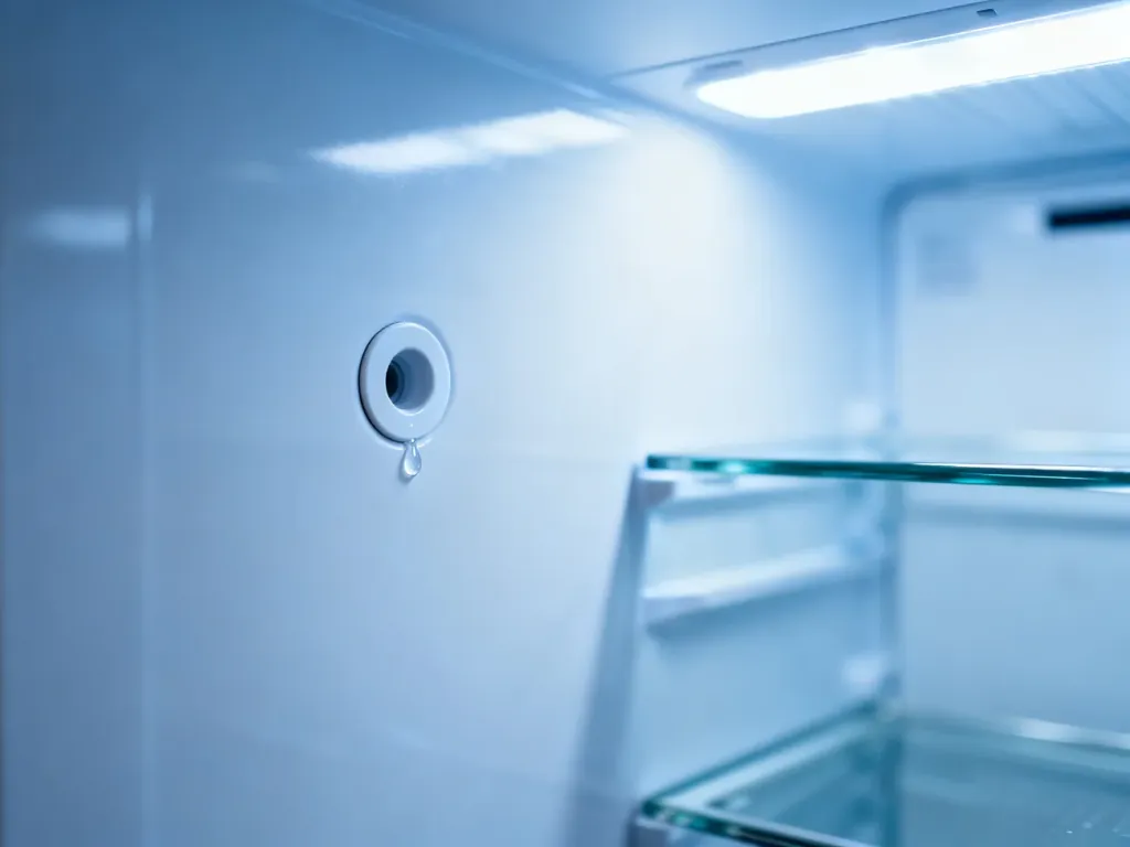 Otwór odpływowy na tylnej ścianie lodówki z widoczną kroplą wody, ilustrujący działanie systemu no frost.