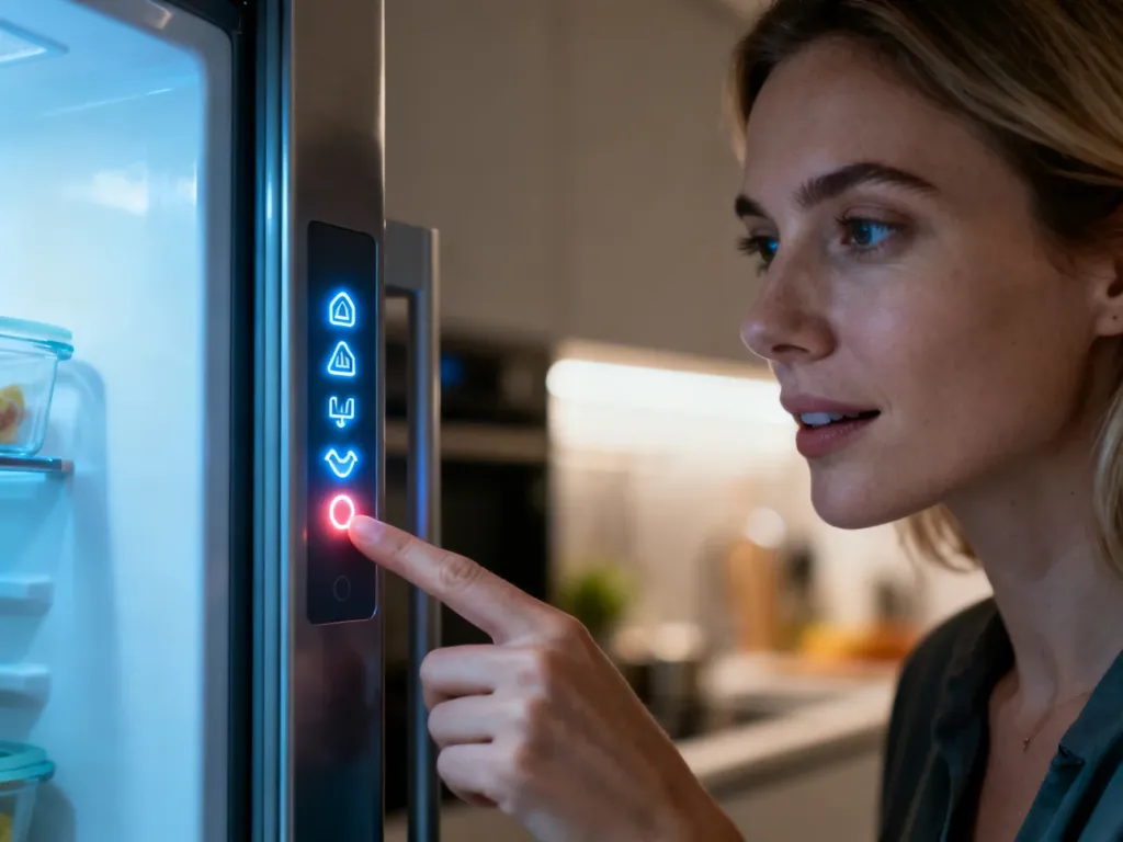 Kobieta wskazuje palcem migającą kontrolkę na panelu sterowania nowoczesnej lodówki Whirlpool.