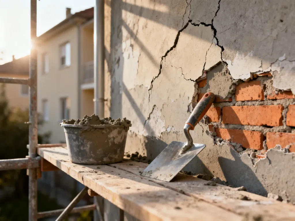 Zbliżenie na uszkodzony tynk z widoczną cegłą oraz narzędzia przygotowane do naprawy elewacji na rusztowaniu.