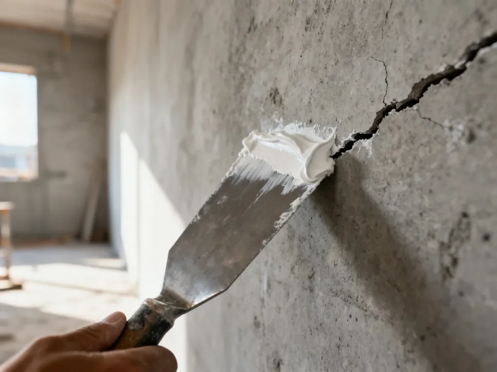 Szpachlowanie pęknięcia w betonowej ścianie przy użyciu metalowej szpachelki i białej masy naprawczej.