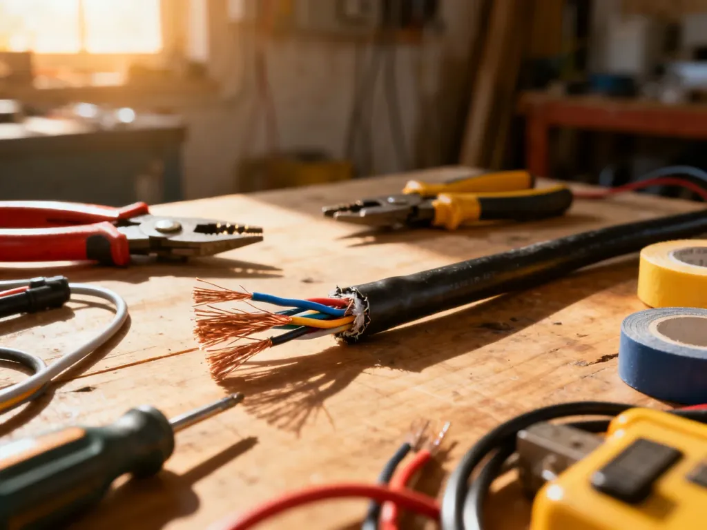 Uszkodzony kabel elektryczny z odsłoniętymi żyłami miedzianymi oraz zestaw narzędzi potrzebnych do jego naprawy na stole.