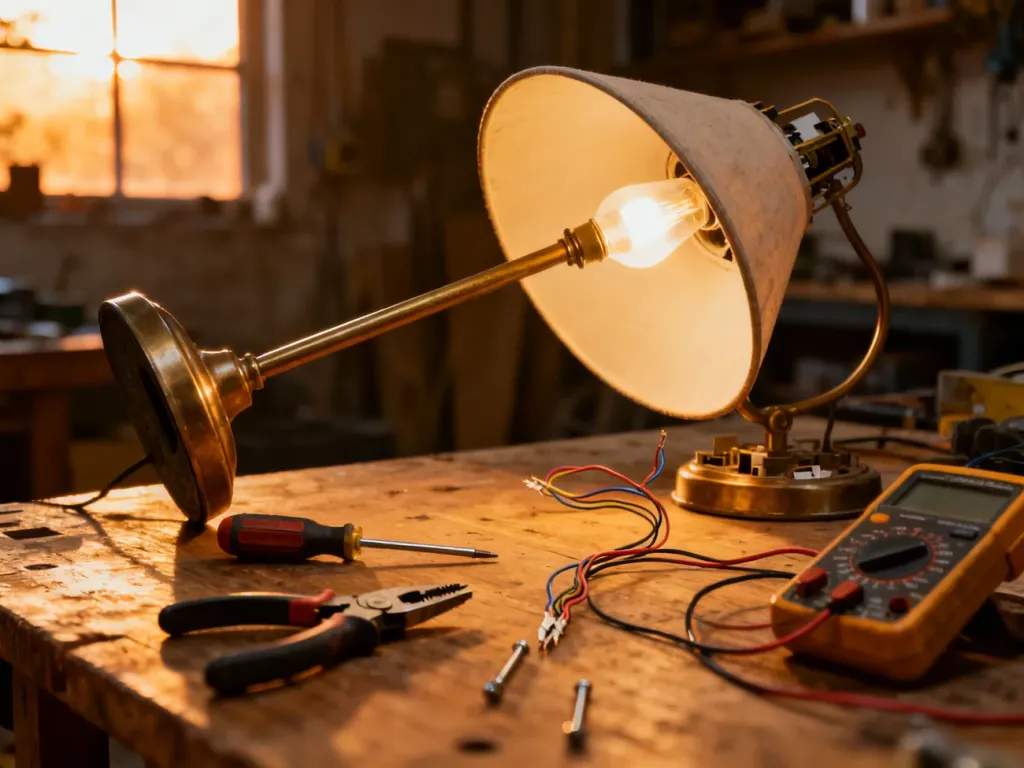 Rozłożona lampa stojąca na warsztacie z zestawem narzędzi elektrycznych przygotowanych do naprawy.