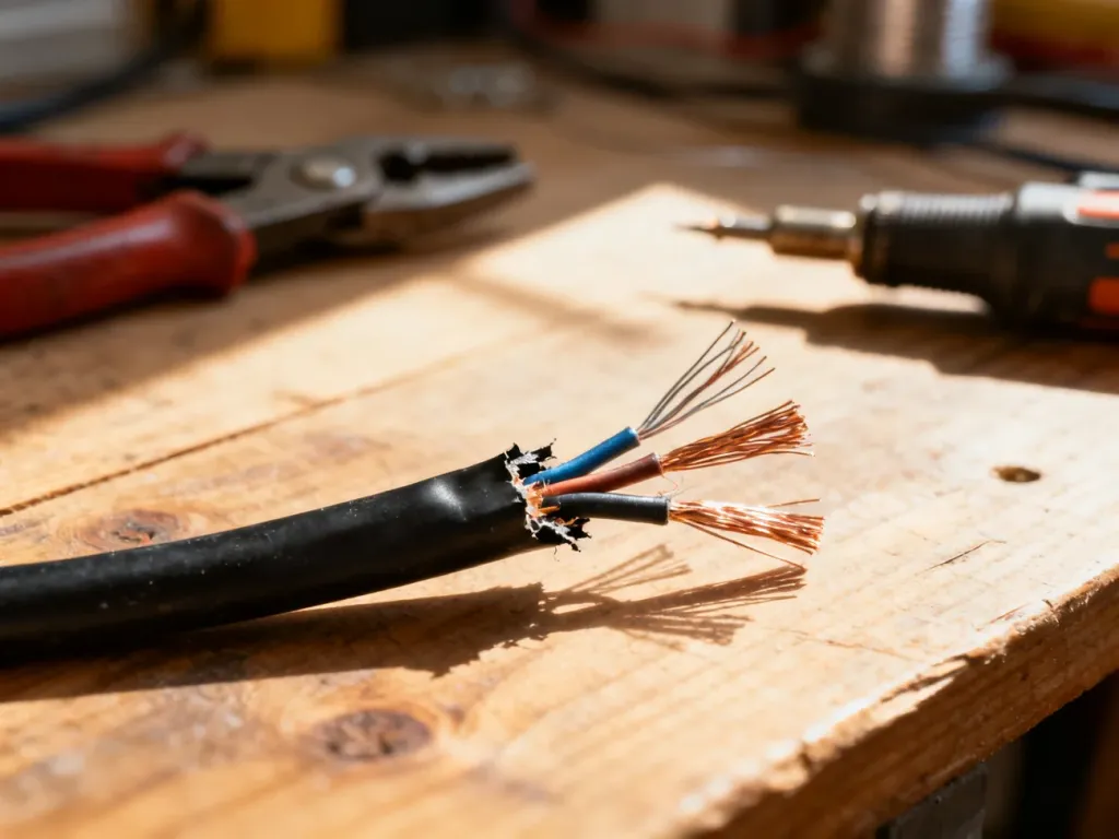 Uszkodzony kabel elektryczny z widocznymi miedzianymi przewodami na tle profesjonalnych narzędzi warsztatowych.