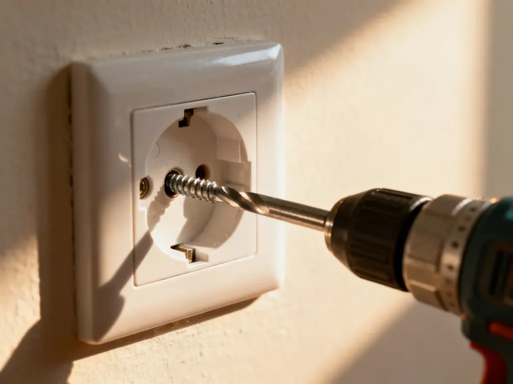 Śrubokręt dokręcający śrubę w gniazdku elektrycznym podczas naprawy montażu w ścianie.