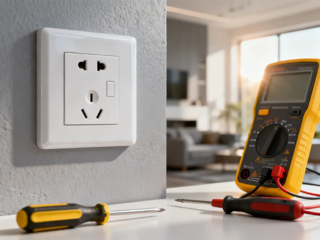 Multimetr sprawdzający napięcie w gniazdku elektrycznym oraz zestaw narzędzi przygotowanych do naprawy instalacji.