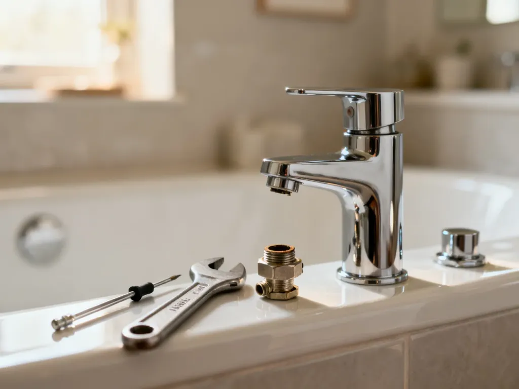 Rozkręcona bateria wannowa z widocznymi narzędziami hydraulicznymi przygotowanymi do naprawy przełącznika natrysku.