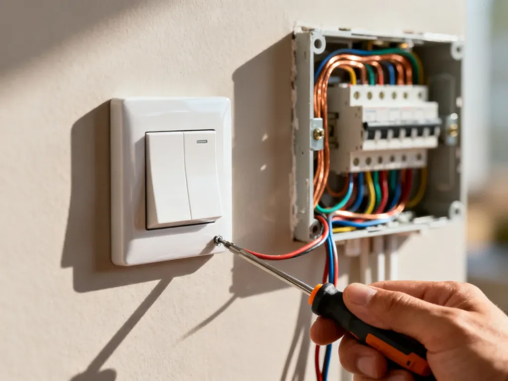 Elektryk przykręca przewody w nowoczesnym włączniku światła, przygotowując instalację schodową.