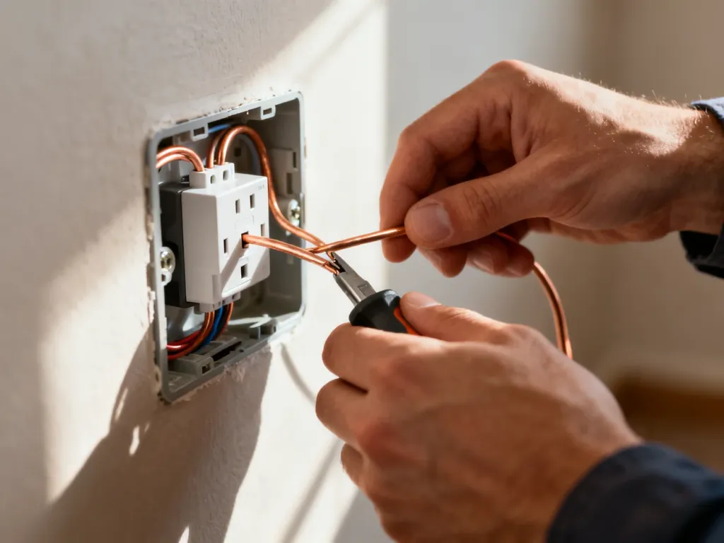 Dłonie elektryka podłączające przewody miedziane do nowoczesnego gniazdka elektrycznego w puszce ściennej.