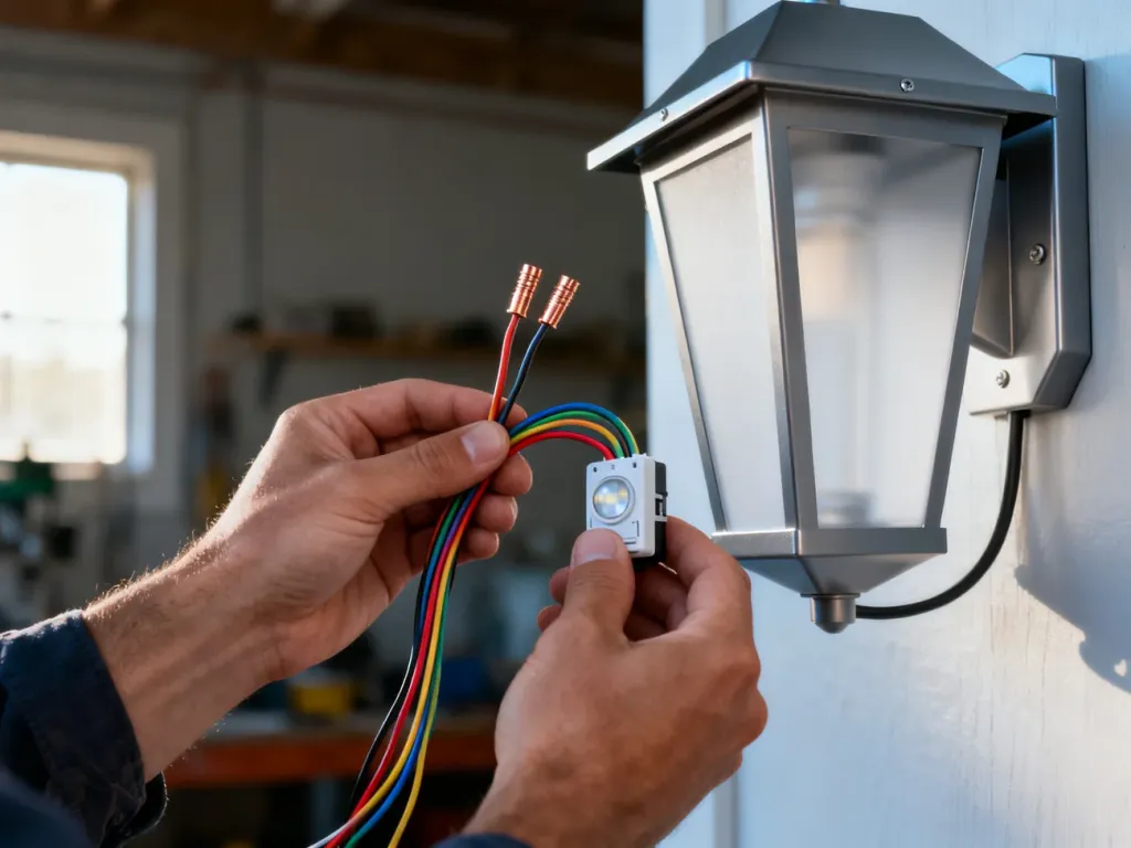 Ręce elektryka łączące kolorowe przewody z czujnikiem ruchu przy nowoczesnej lampie zewnętrznej.