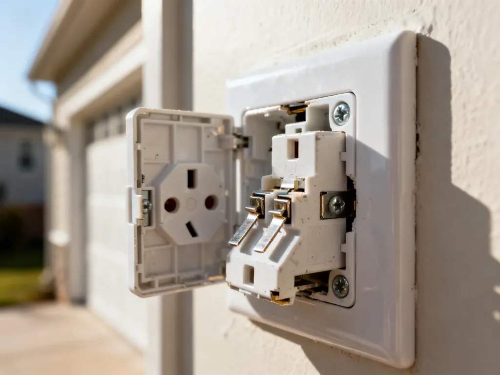 Zbliżenie na uszkodzone gniazdko elektryczne z poluzowanymi stykami, wymagające naprawy.