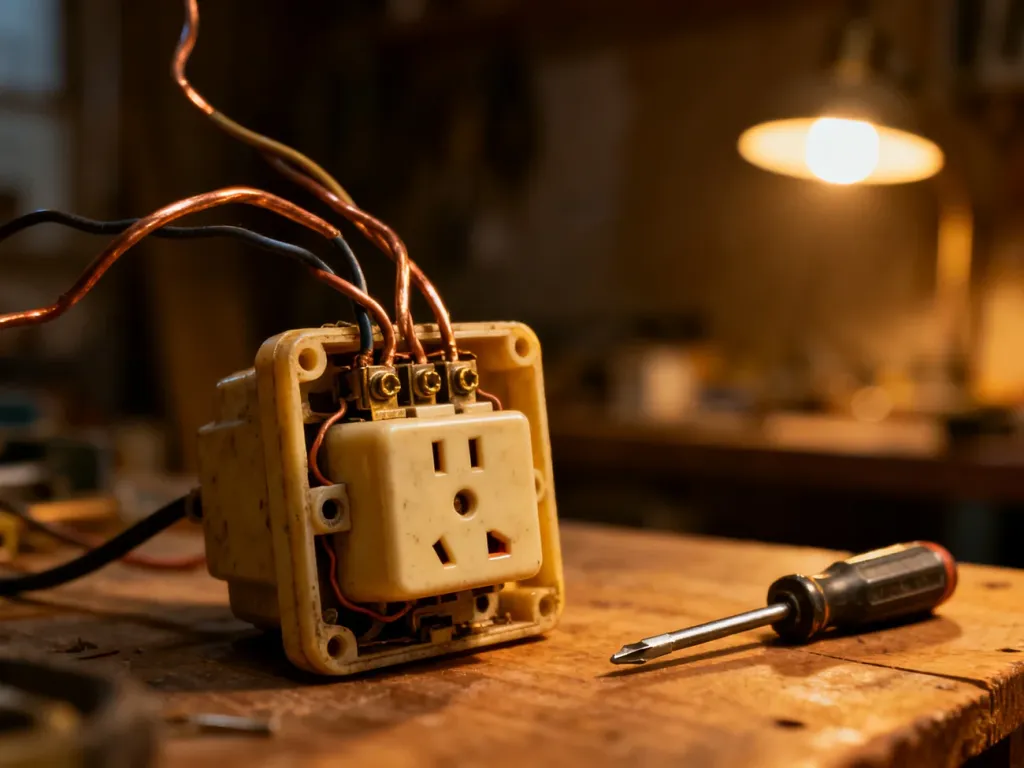 Stare gniazdko elektryczne z odsłoniętymi przewodami i śrubokrętem na drewnianym stole warsztatowym.