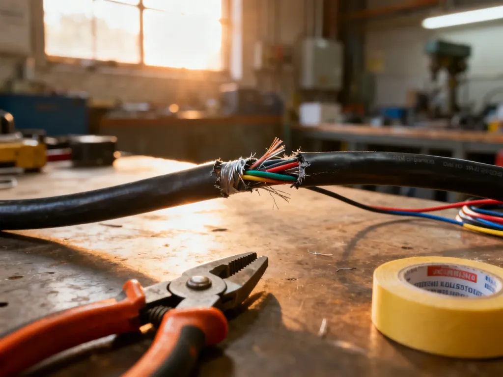 Profesjonalny elektryk naprawia uszkodzony kabel przy użyciu taśmy izolacyjnej i szczypiec na warsztatowym stole.