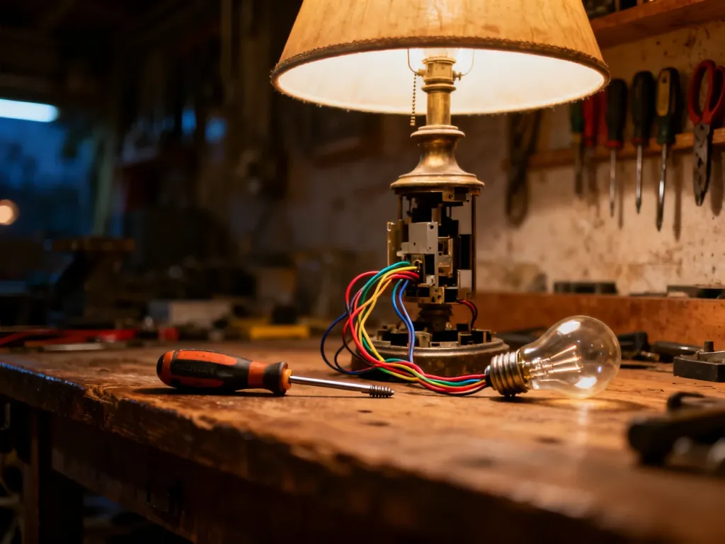 Rozłożona lampa stołowa na warsztacie z narzędziami, przewodami i nową żarówką, gotowa do naprawy.