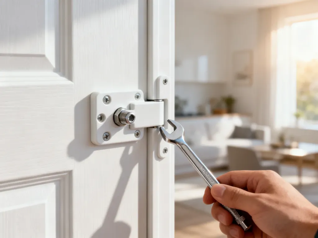 Dłoń używająca klucza imbusowego do precyzyjnej regulacji zawiasu w białych drzwiach zewnętrznych PCV.