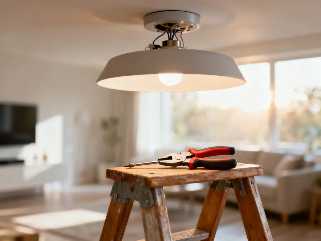 Narzędzia elektryka leżące na drabinie pod naprawianą lampą sufitową w jasnym salonie.