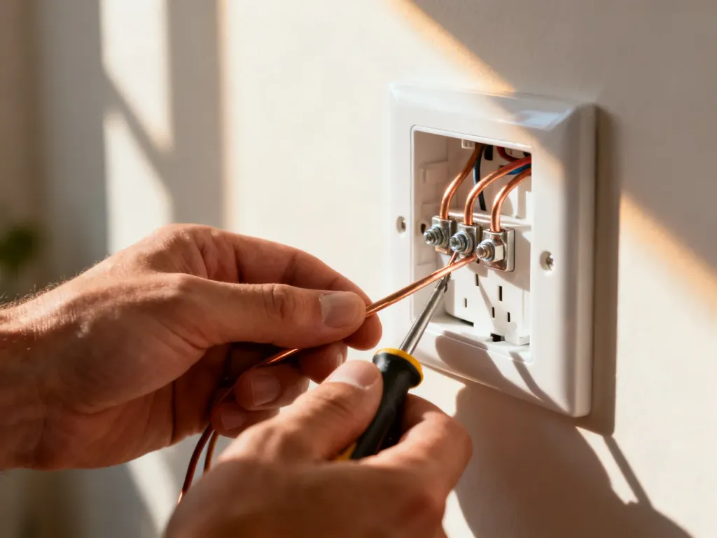 Elektryk podłącza miedziane przewody do nowoczesnego gniazdka elektrycznego za pomocą śrubokręta.