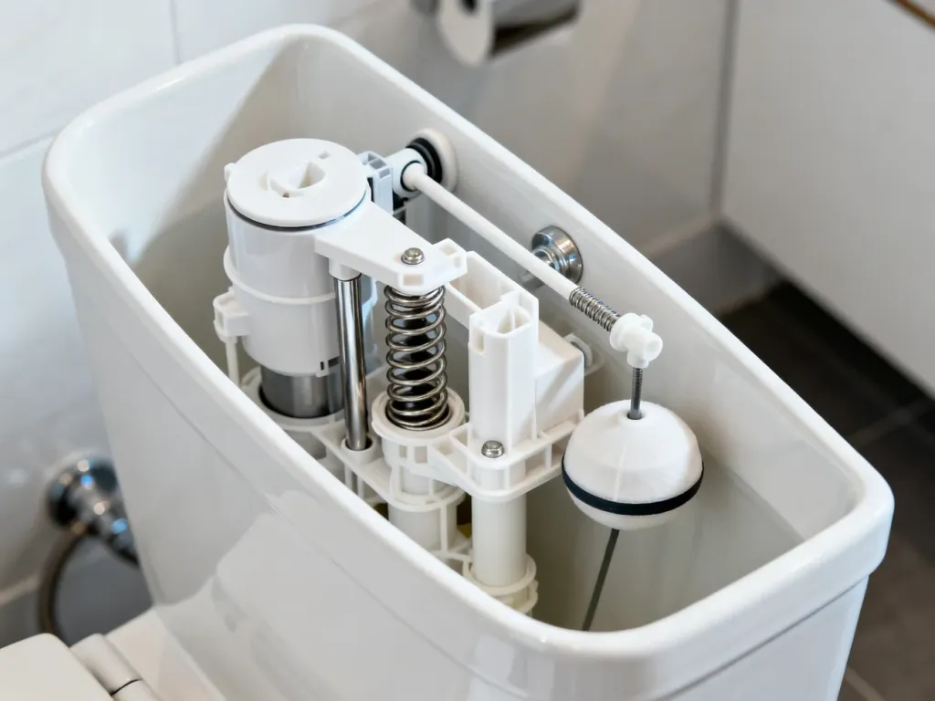 Mechanizm dwufunkcyjnego zaworu spustowego zamontowany wewnątrz ceramicznej spłuczki toaletowej.