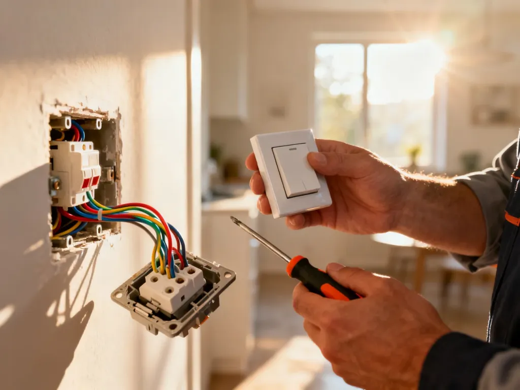Dłonie elektryka trzymające nowy włącznik światła i śrubokręt przy rozmontowanym gniazdku z widocznymi przewodami.
