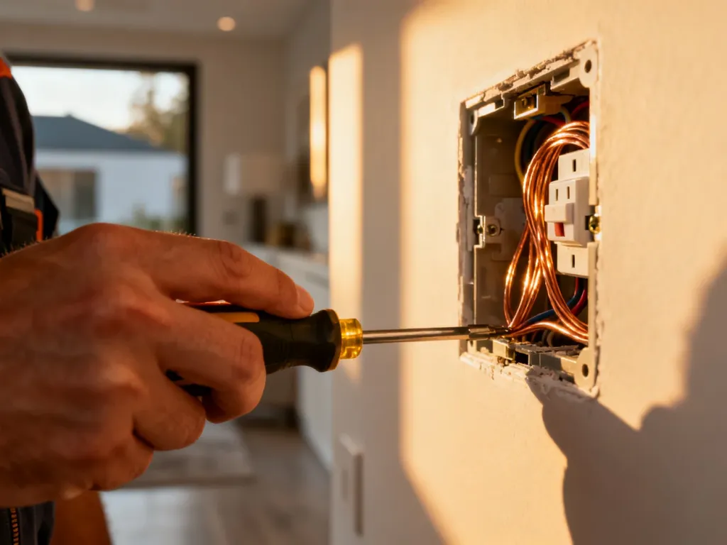 Elektryk używający śrubokręta do montażu przewodów w otwartym gniazdku elektrycznym w nowoczesnym wnętrzu.