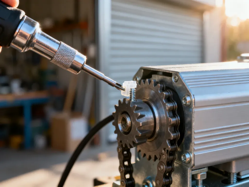 Śrubokręt regulujący mechanizm silnika rolety. Zbliżenie na precyzyjne ustawianie śruby wewnątrz napędu.