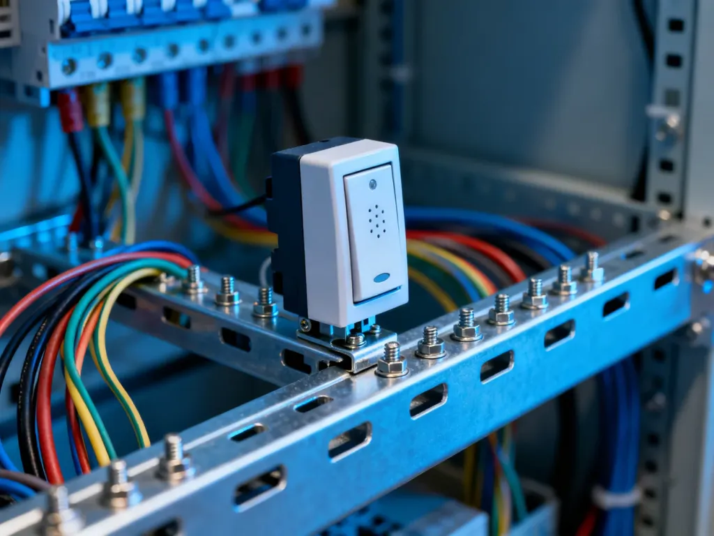 Montaż modułowego dzwonka elektrycznego na szynie DIN w rozdzielnicy z widocznymi przewodami.