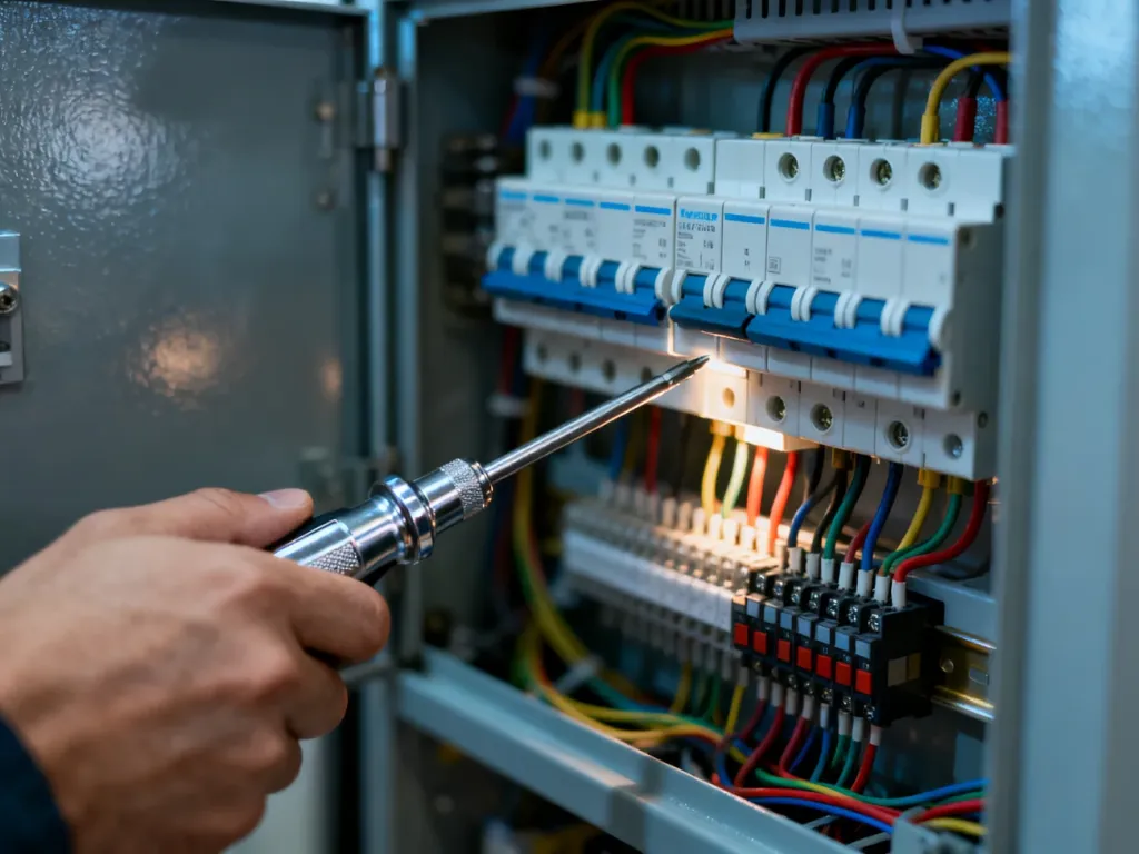 Dłoń trzymająca śrubokręt przy rozdzielnicy elektrycznej, wskazująca bezpiecznik podczas prac serwisowych.