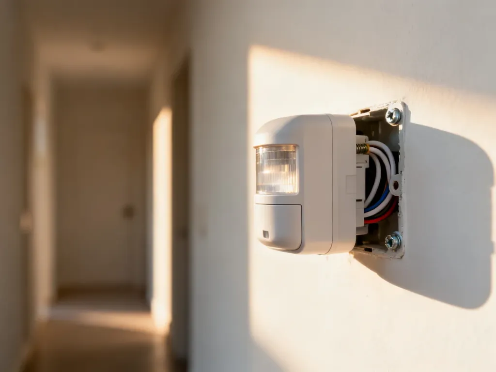 Nowoczesny czujnik ruchu zamontowany na białej ścianie z widocznym podłączeniem przewodów elektrycznych.