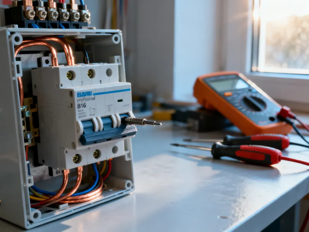 Profesjonalny montaż wyłącznika nadprądowego B16 w rozdzielnicy elektrycznej z widocznymi narzędziami w tle.