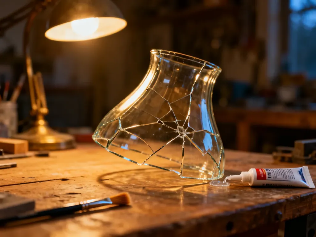 Zbliżenie na naprawę pękniętego szklanego klosza lampy przy użyciu kleju i narzędzi na drewnianym warsztacie.