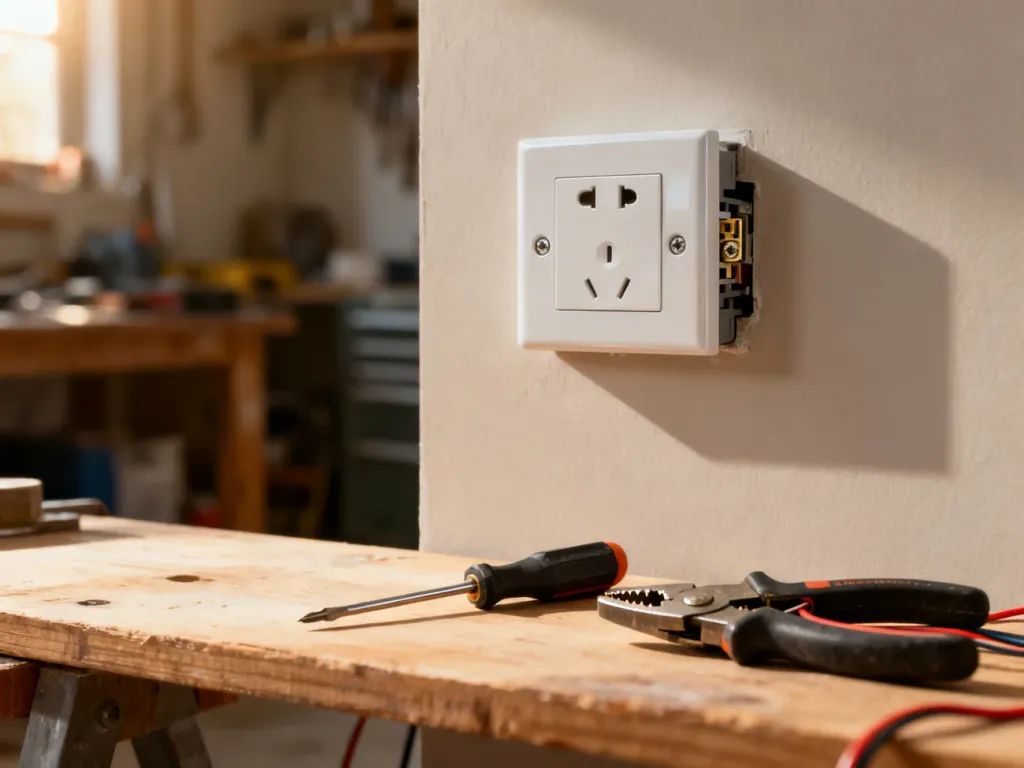 Nowoczesne gniazdko elektryczne z uziemieniem oraz zestaw profesjonalnych narzędzi przygotowanych do montażu na warsztacie.