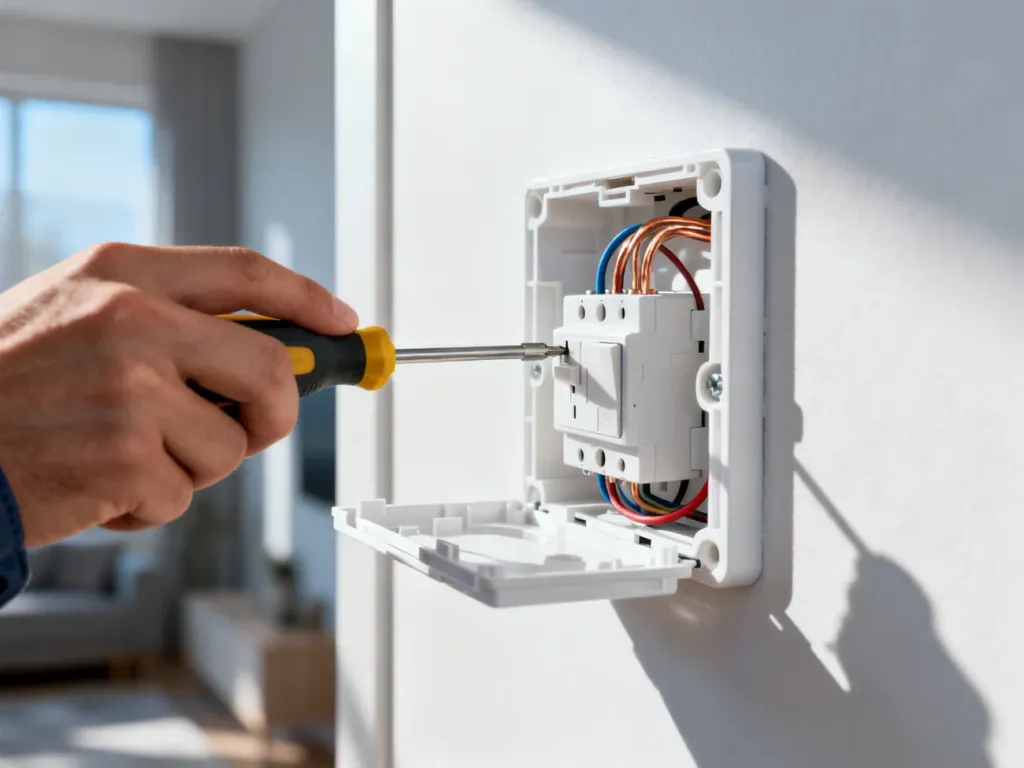Elektryk używający śrubokręta do montażu przewodów w otwartym gniazdku elektrycznym.