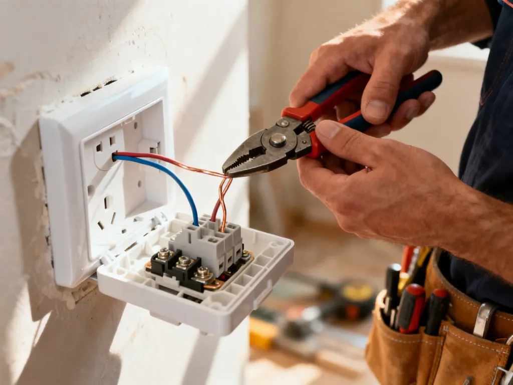 Elektryk podłącza miedziane przewody do nowoczesnego gniazdka ściennego, ukazując precyzyjny montaż instalacji elektrycznej.