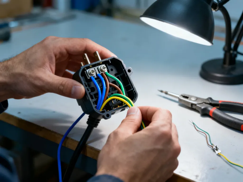 Zbliżenie na proces podłączania przewodów fazowego, neutralnego i ochronnego do styków wtyczki elektrycznej.