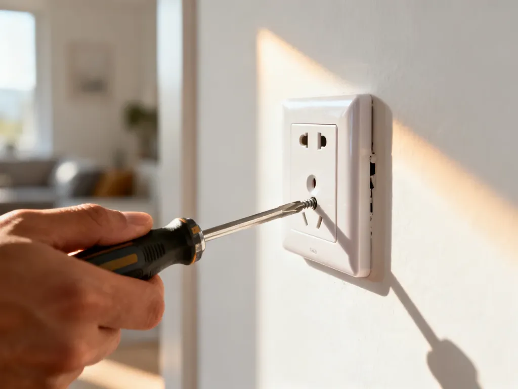 Dłoń przykręcająca śrubokrętem nowoczesne gniazdko elektryczne w białej ścianie.