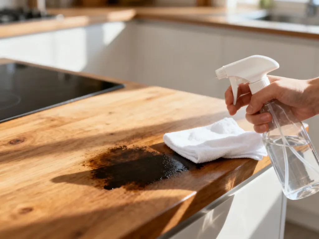 Czyszczenie ciemnej plamy na drewnianym blacie kuchennym przy użyciu ściereczki i preparatu w sprayu.