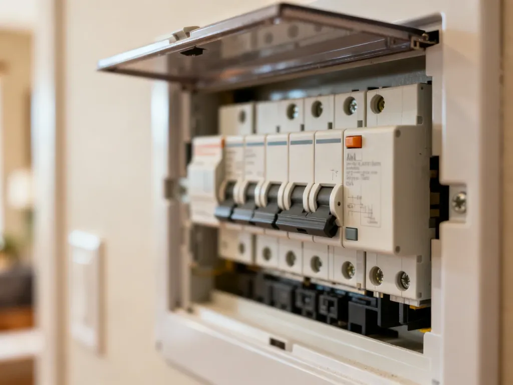 Otwarta domowa rozdzielnica elektryczna z widocznymi nowoczesnymi wyłącznikami nadprądowymi.
