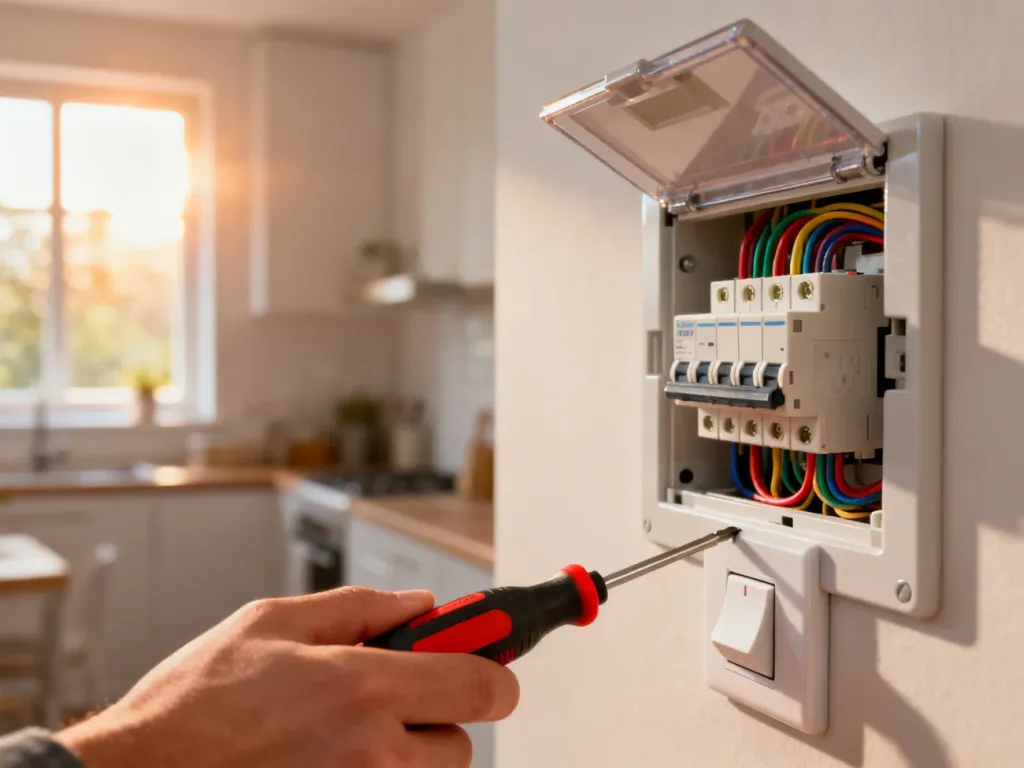 Otwarta rozdzielnica elektryczna z widocznymi bezpiecznikami i ręką trzymającą izolowany śrubokręt podczas pracy.