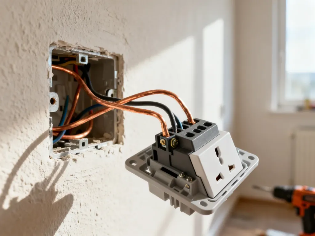 Zbliżenie na montaż gniazdka podtynkowego z widocznym podłączeniem przewodów miedzianych do instalacji elektrycznej.