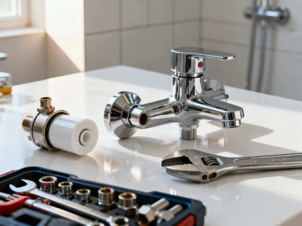 Zdemontowana bateria prysznicowa Grohe z ceramiczną głowicą i zestawem profesjonalnych narzędzi na stole warsztatowym.