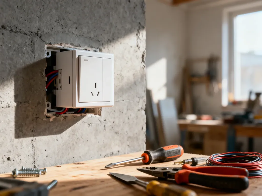 Nowa puszka elektryczna osadzona w betonowej ścianie oraz zestaw profesjonalnych narzędzi przygotowanych do montażu.